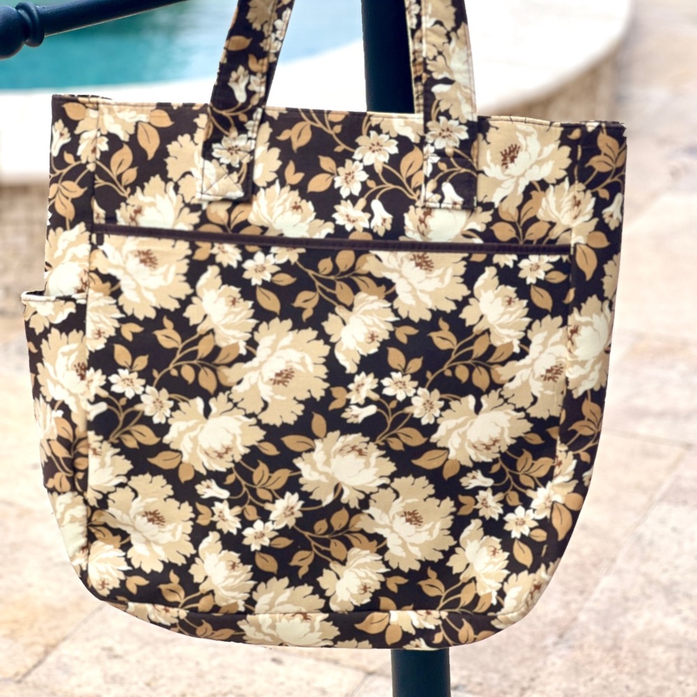 Enchante Retro Tote Bag Muted Brown Neutral Colors Flowers Cotton Laptop Button